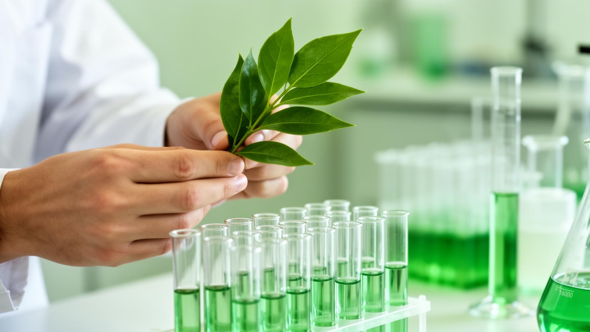 Laboratório ambiental com folhas verdes
